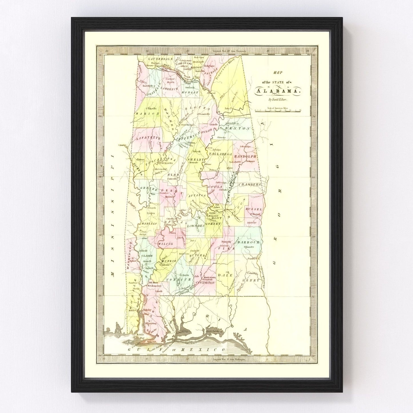 Vintage map of Alabama, 1834 - restored print