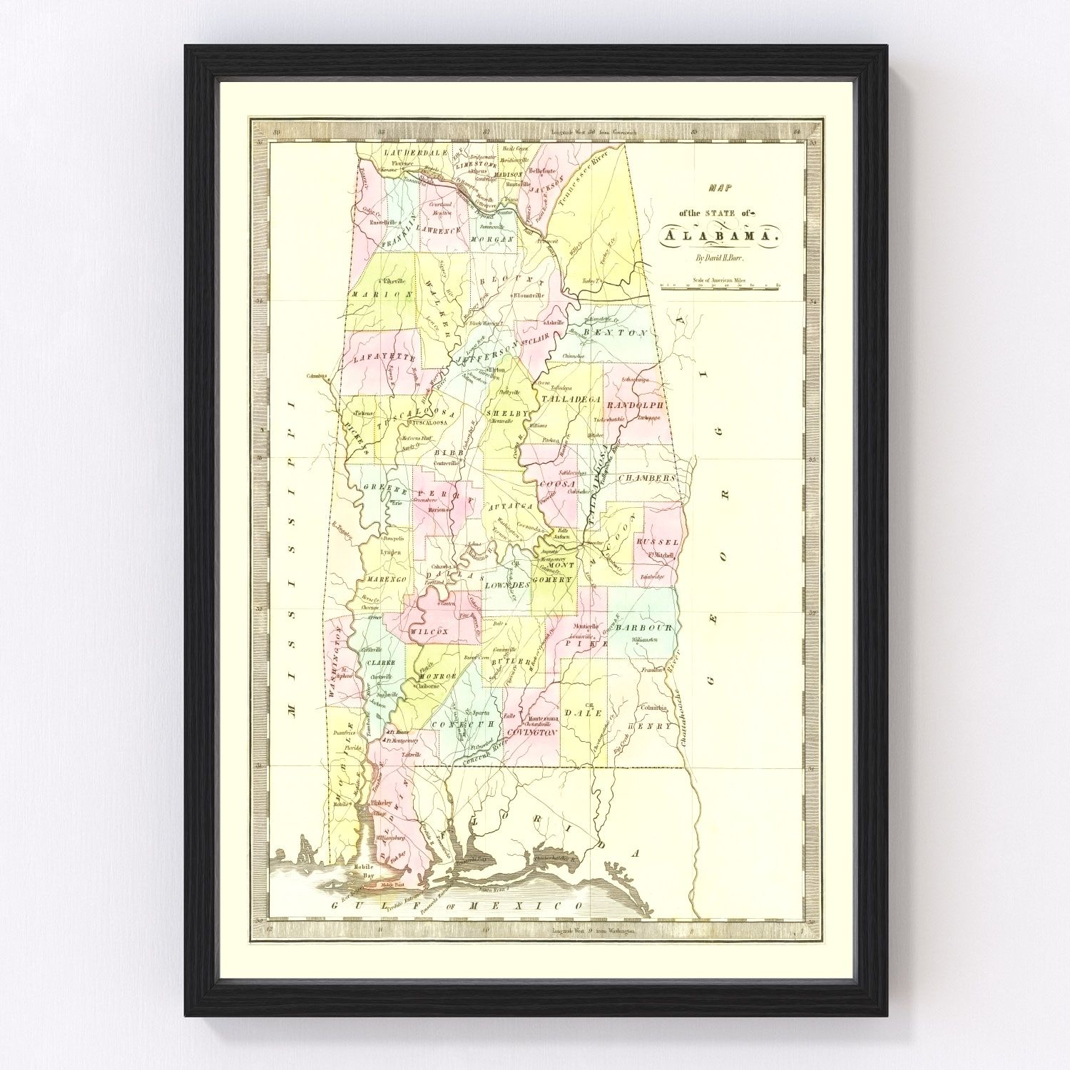 Vintage map of Alabama, 1834 - restored print