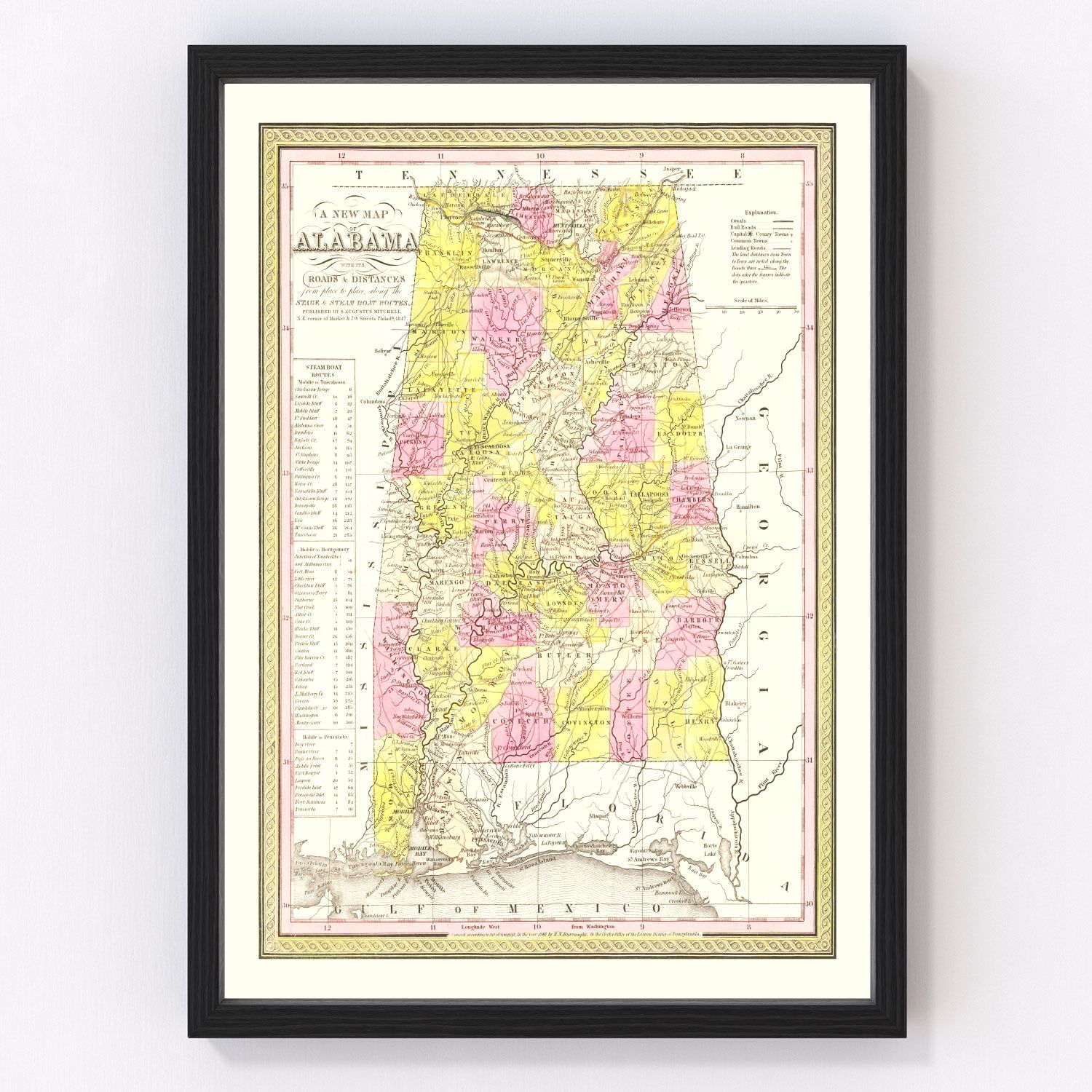 Vintage map of Alabama, 1847 - restored print