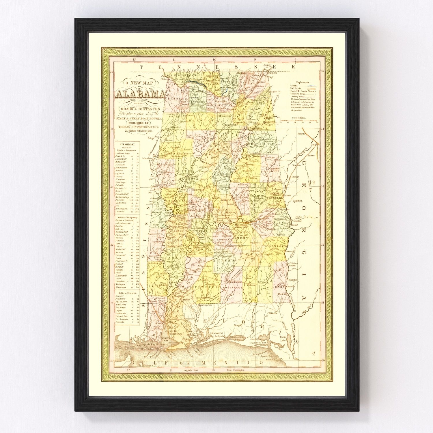 Vintage map of Alabama, 1854 - restored print