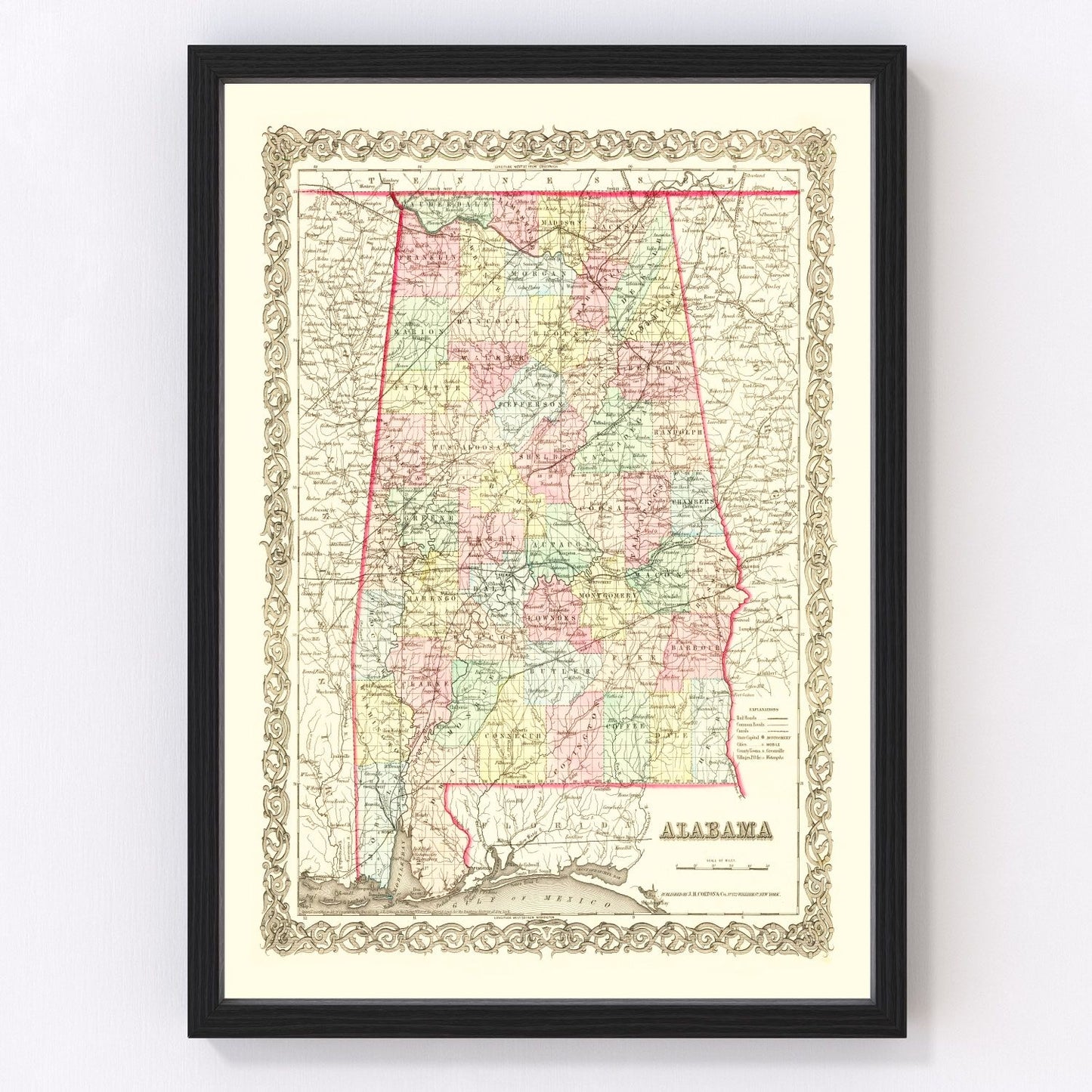 Vintage map of Alabama, 1855 - restored print