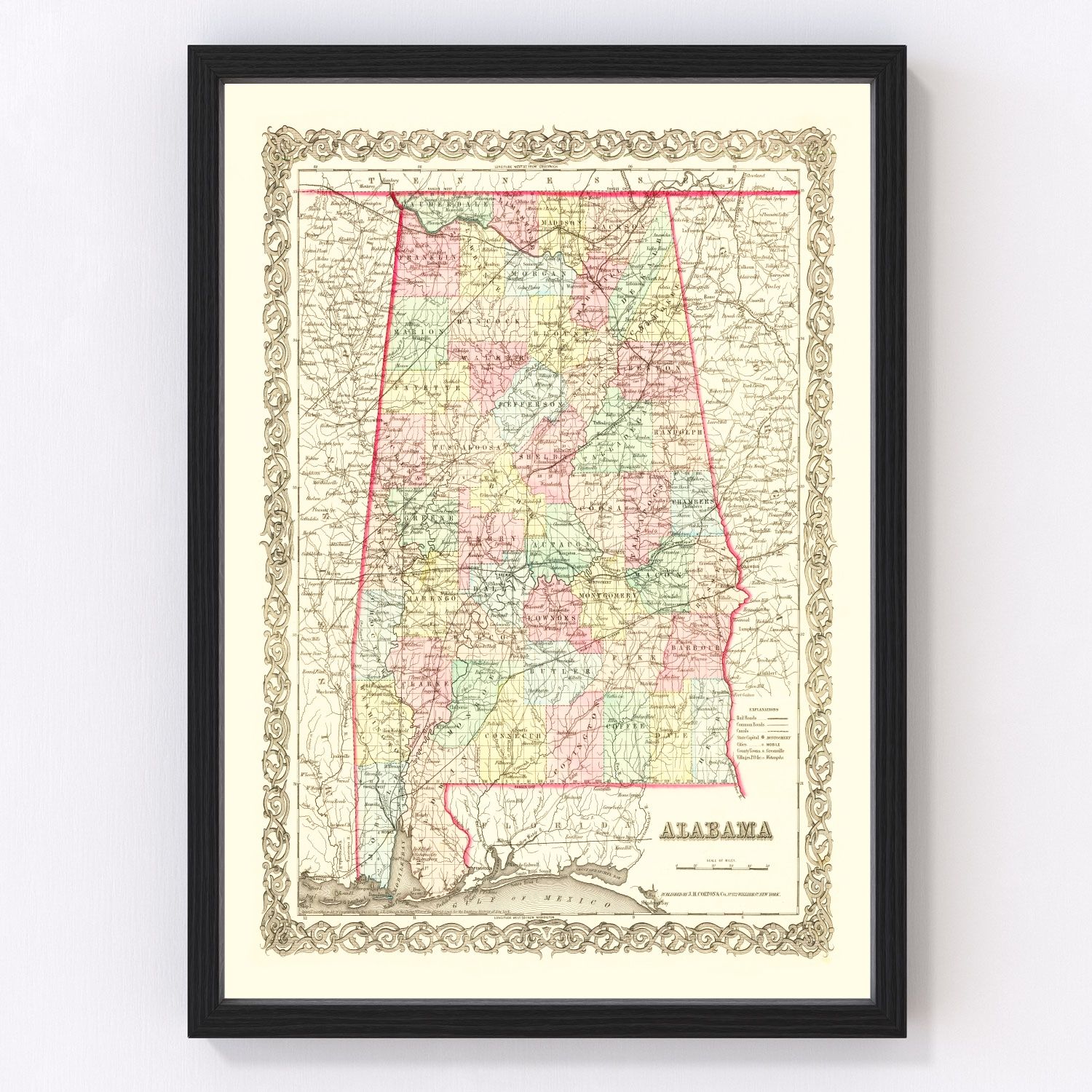 Vintage map of Alabama, 1855 - restored print