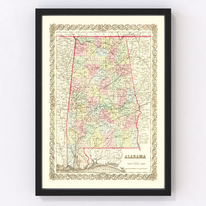 Vintage map of Alabama, 1855 - restored print