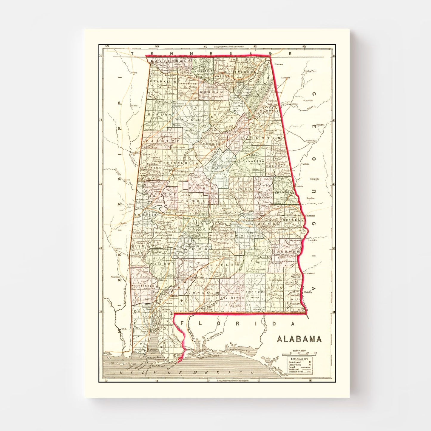 Vintage Map of Alabama, 1856