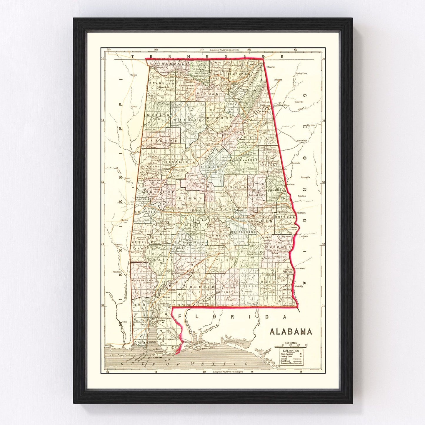 Vintage map of Alabama, 1856 - restored print