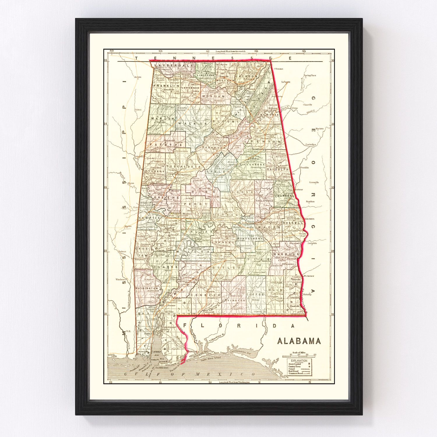 Vintage map of Alabama, 1856 - restored print