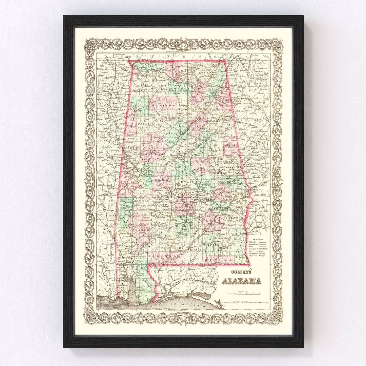 Vintage map of Alabama, 1871 - restored print