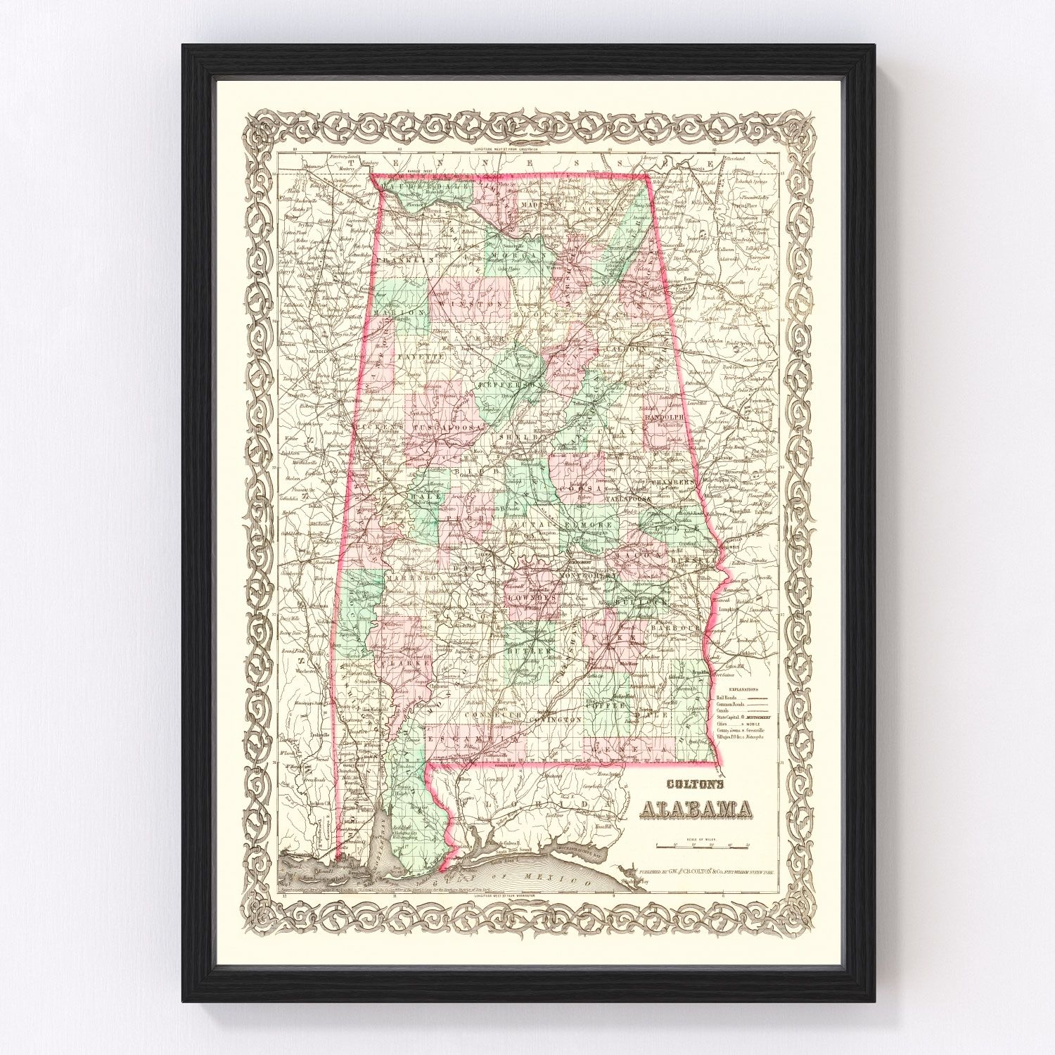Vintage map of Alabama, 1871 - restored print