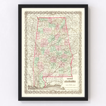 Vintage map of Alabama, 1871 - restored print
