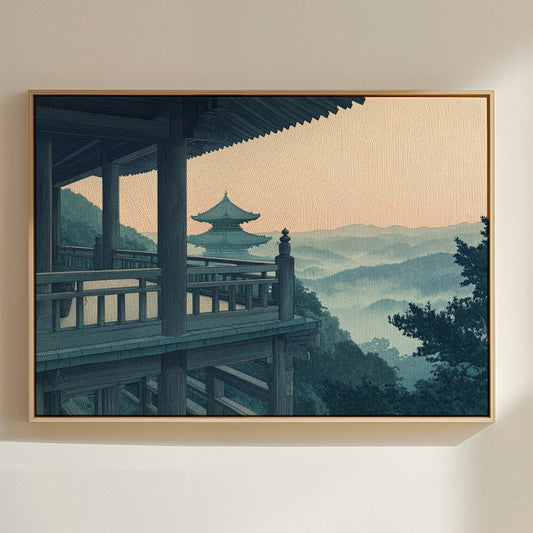 Japanese temple balcony overlooking misty mountains giclee wall art print