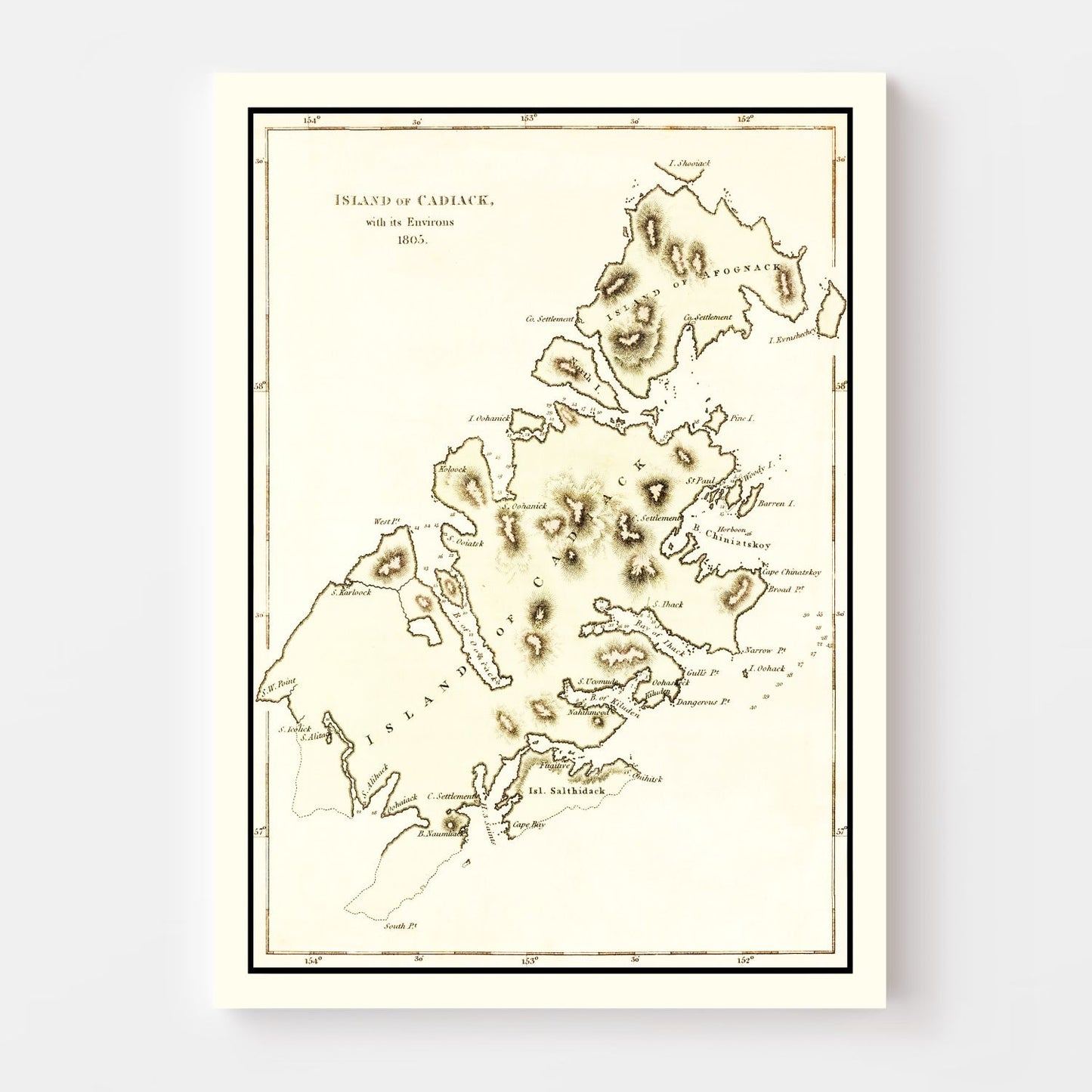 Vintage Map of Kodiak Island, Alaska, 1805