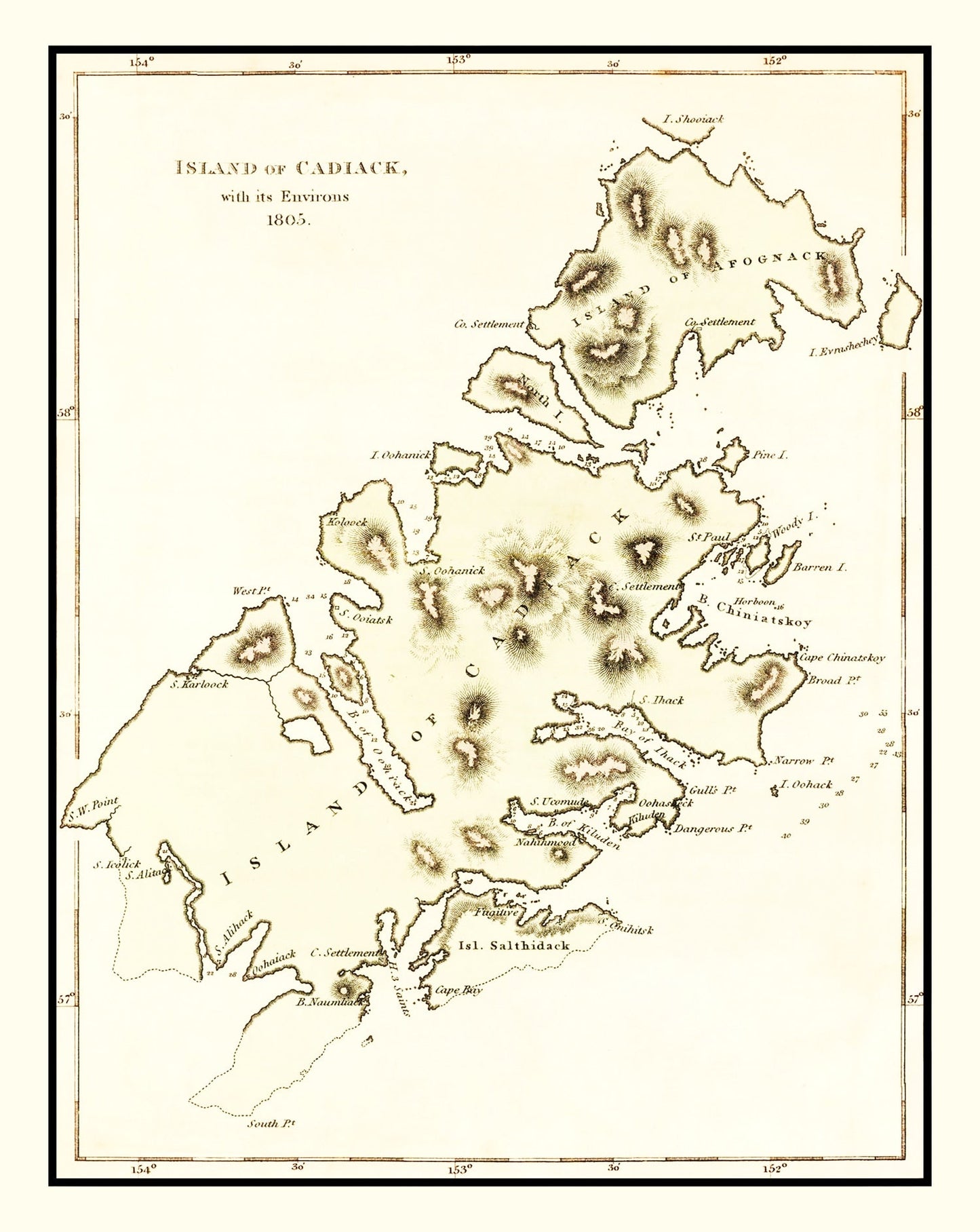 Vintage Map of Kodiak Island, Alaska, 1805