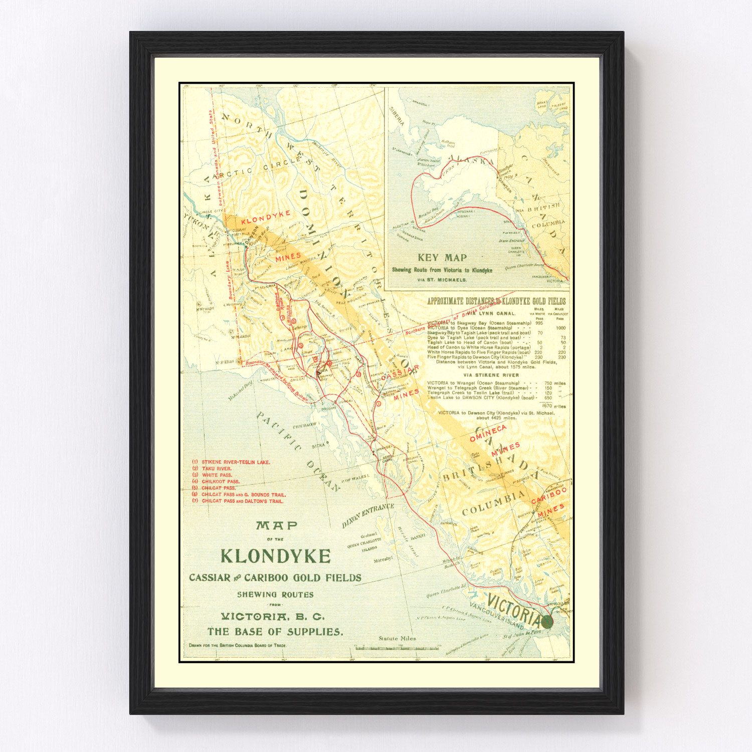 vintage map of Klondyke, Cassiar and Cariboo gold fields, 1898
