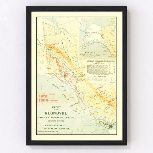 vintage map of Klondyke, Cassiar and Cariboo gold fields, 1898