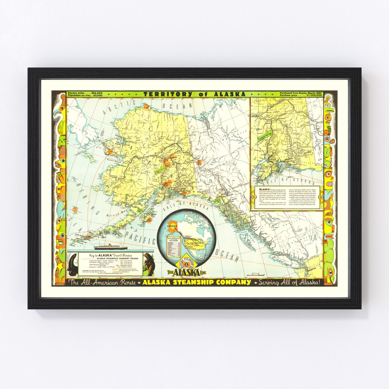 Vintage map of Alaska, 1936 landscape - restored print