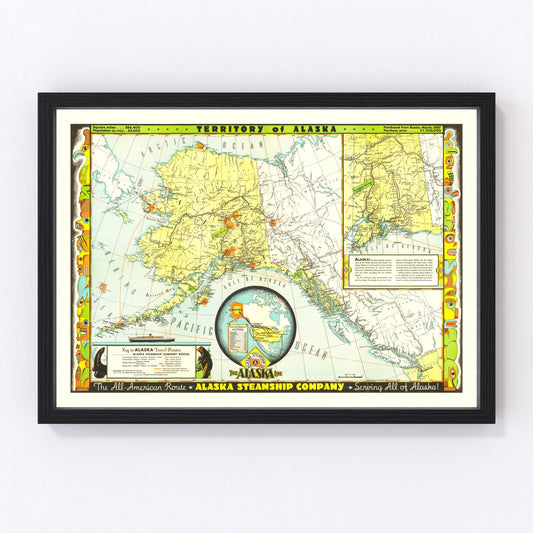 Vintage map of Alaska, 1936 landscape - restored print