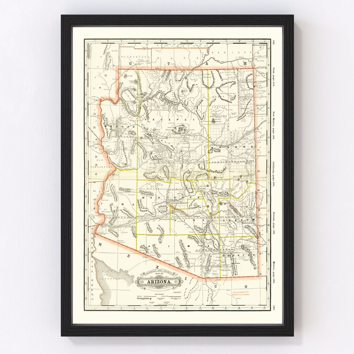 Vintage Arizona railroad map, 1886 - restored westward expansion territory survey