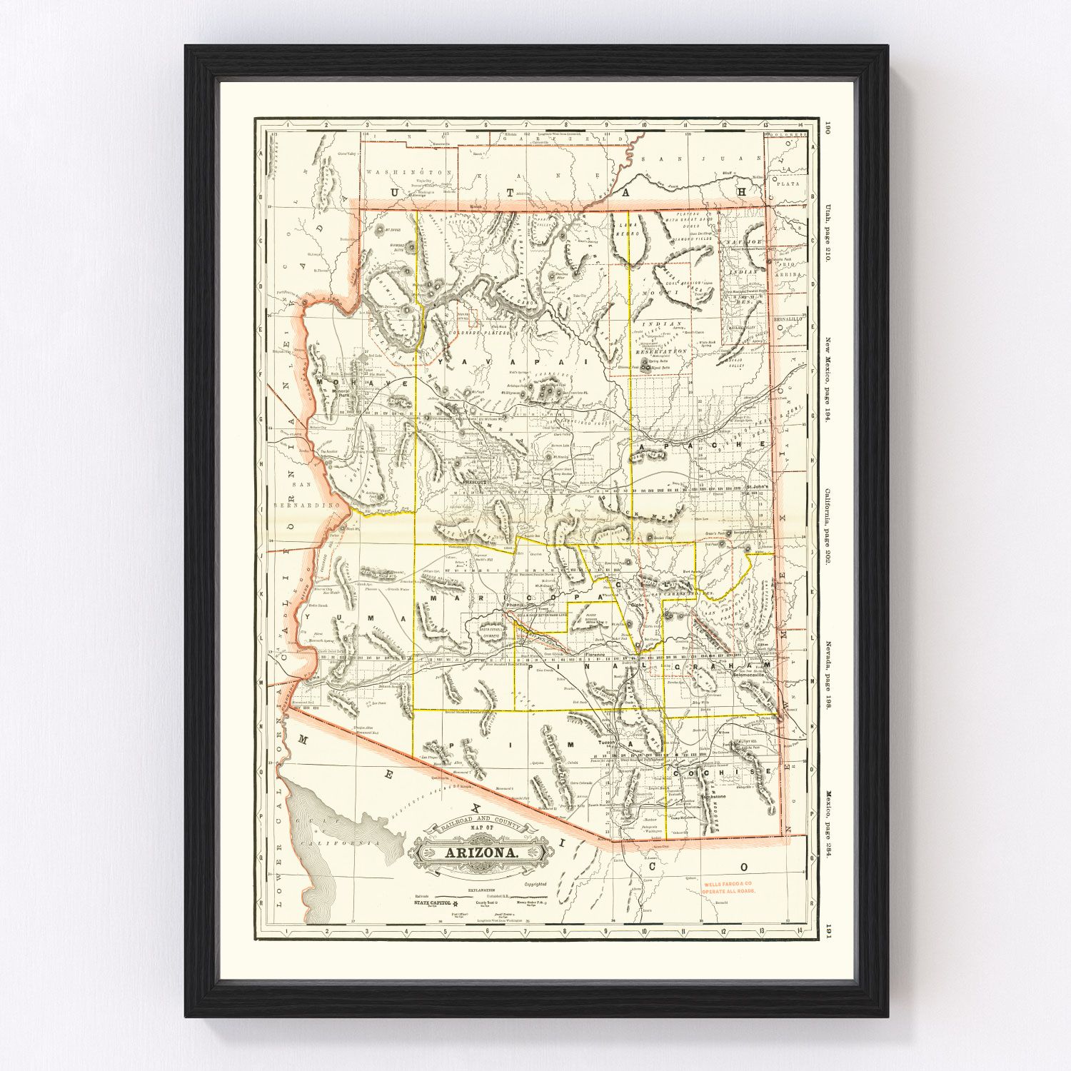 Vintage Arizona railroad map, 1886 - restored westward expansion territory survey