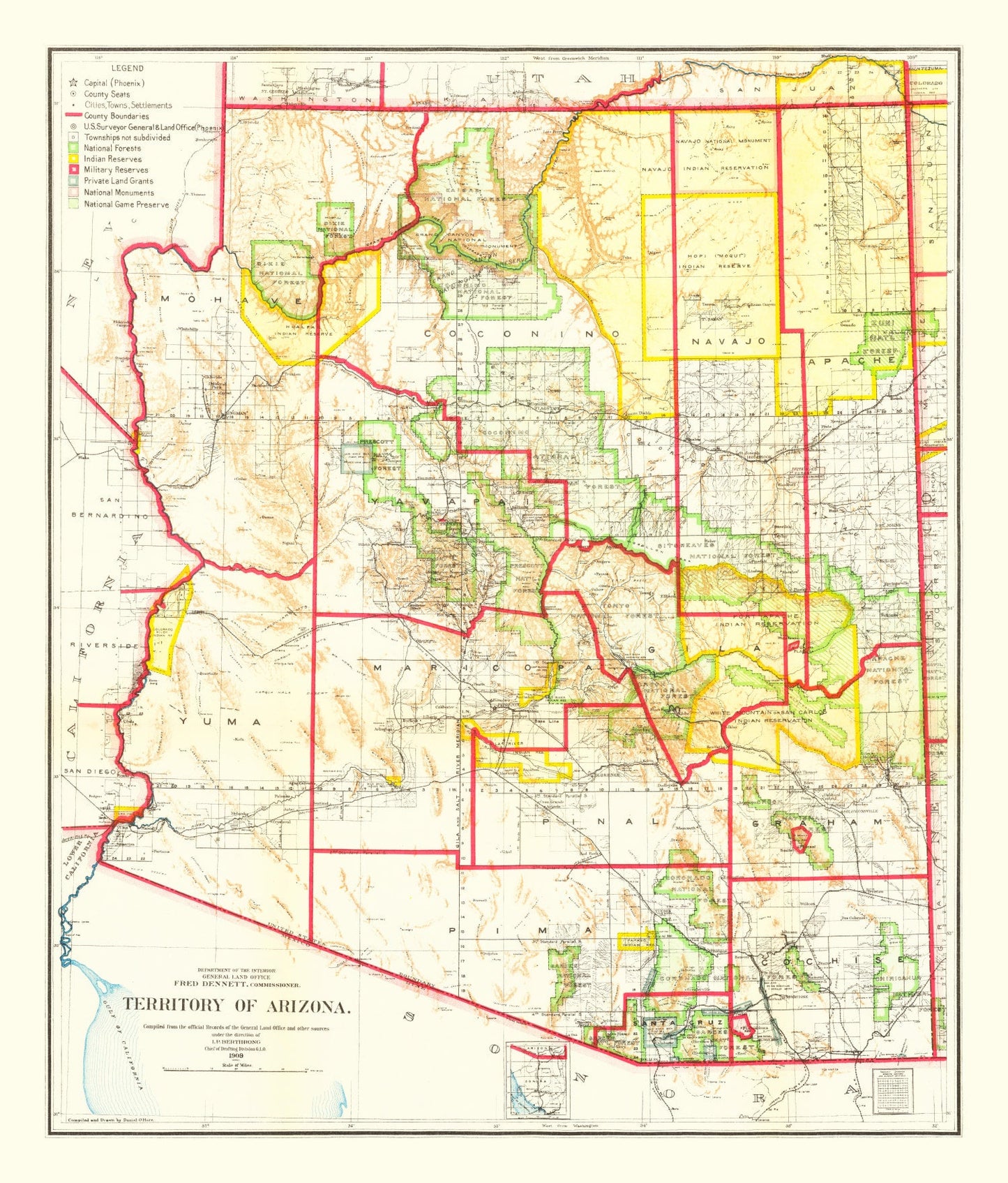 Vintage Map of Arizona, 1909 (General Land Office)