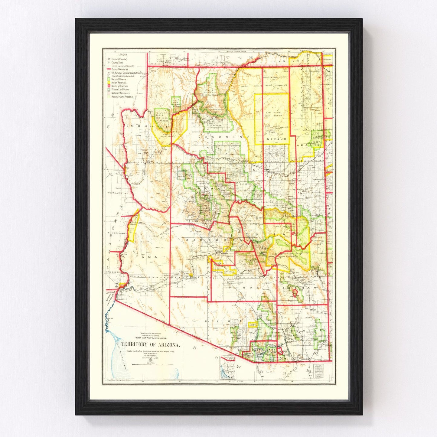 vintage map of Arizona Territory, 1909, General Land Office edition