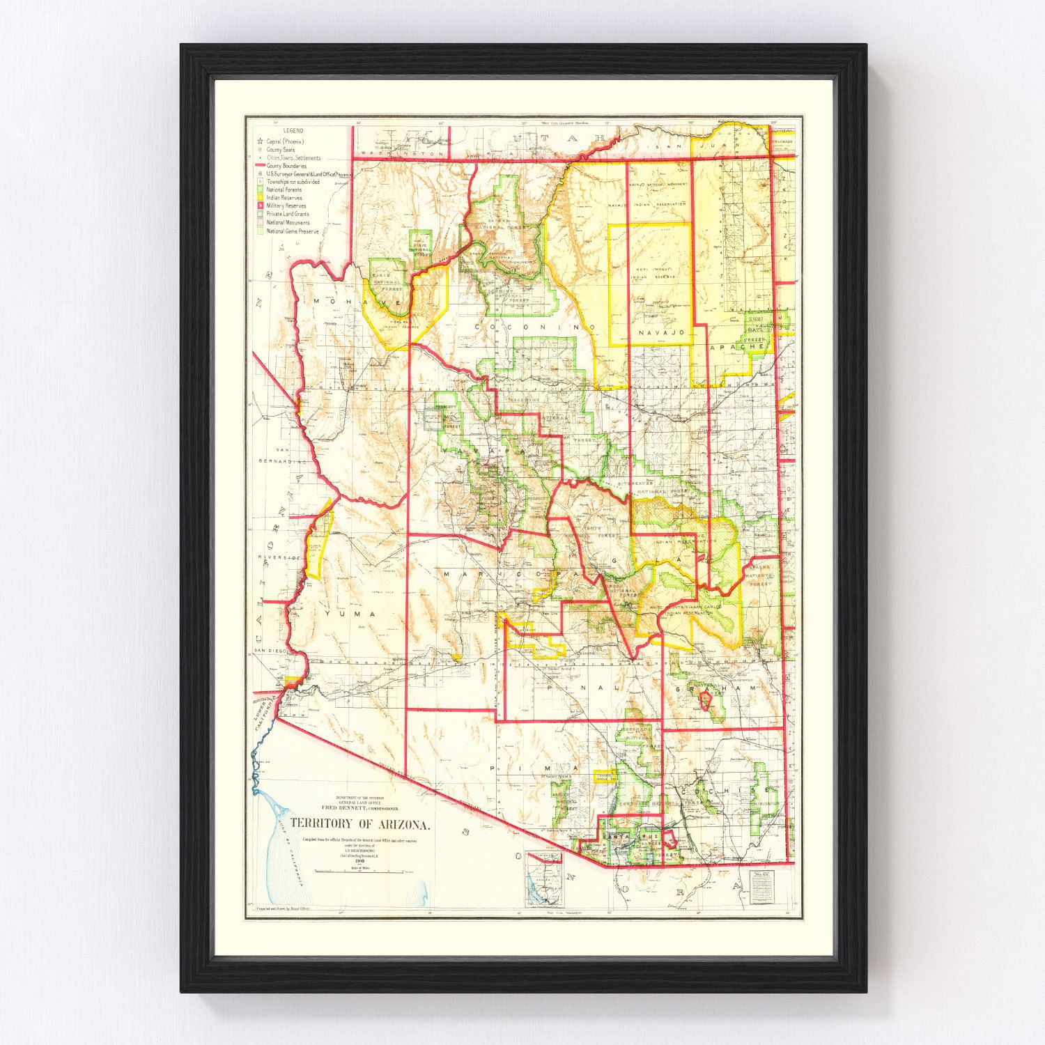 vintage map of Arizona Territory, 1909, General Land Office edition