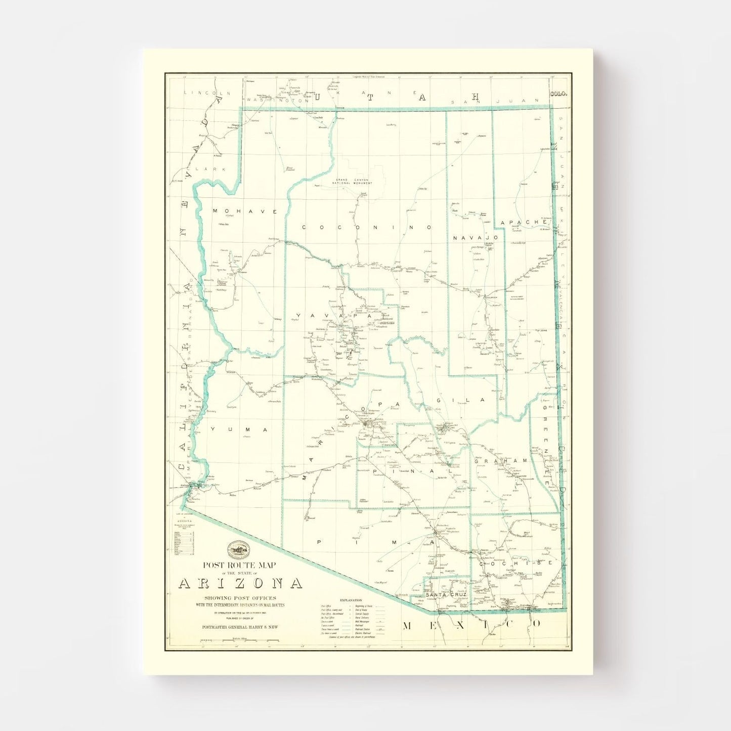 Vintage Arizona Post Route Map, 1925