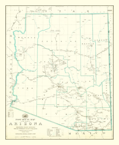 Vintage Arizona Post Route Map, 1925