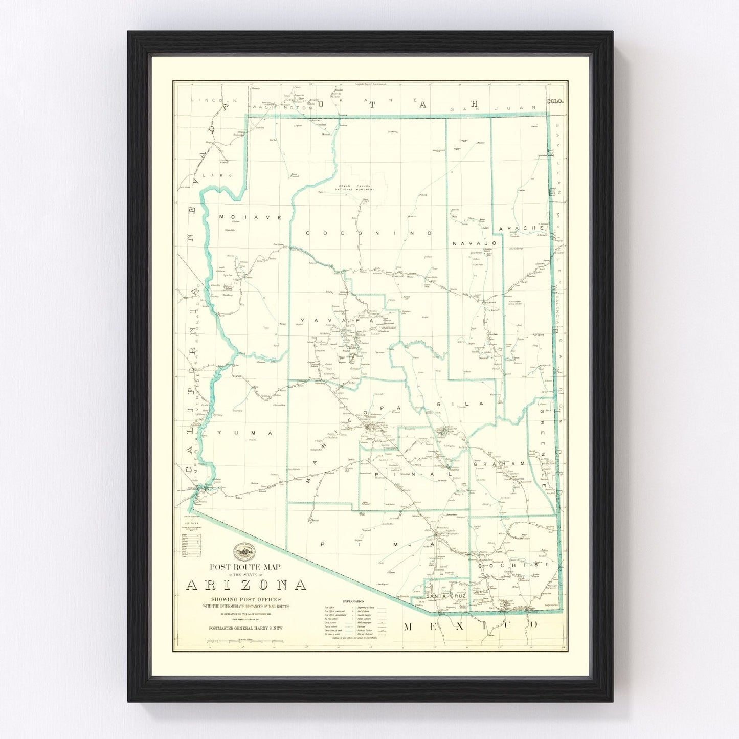 Vintage Arizona post route map, 1925 - restored early automobile era delivery route