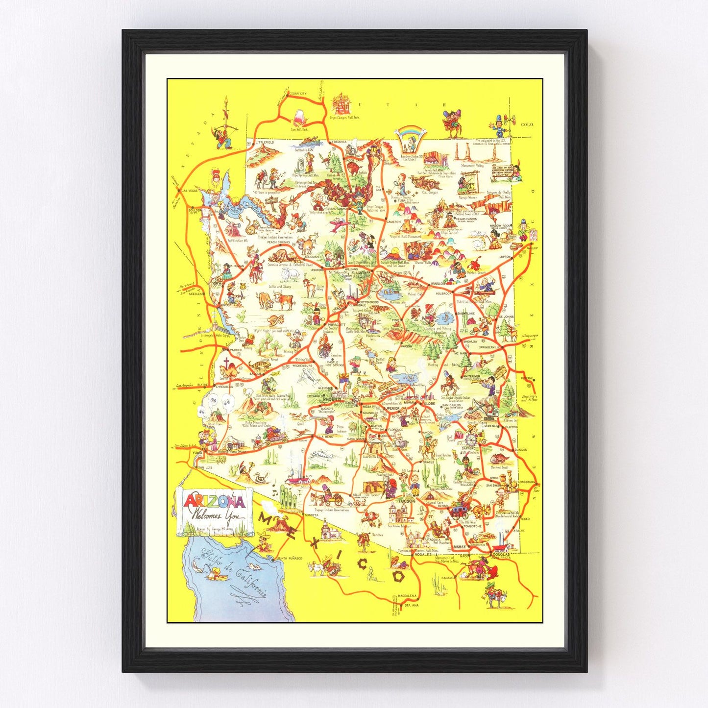 Vintage pictorial map of Arizona, 1942, mid-century illustrated map