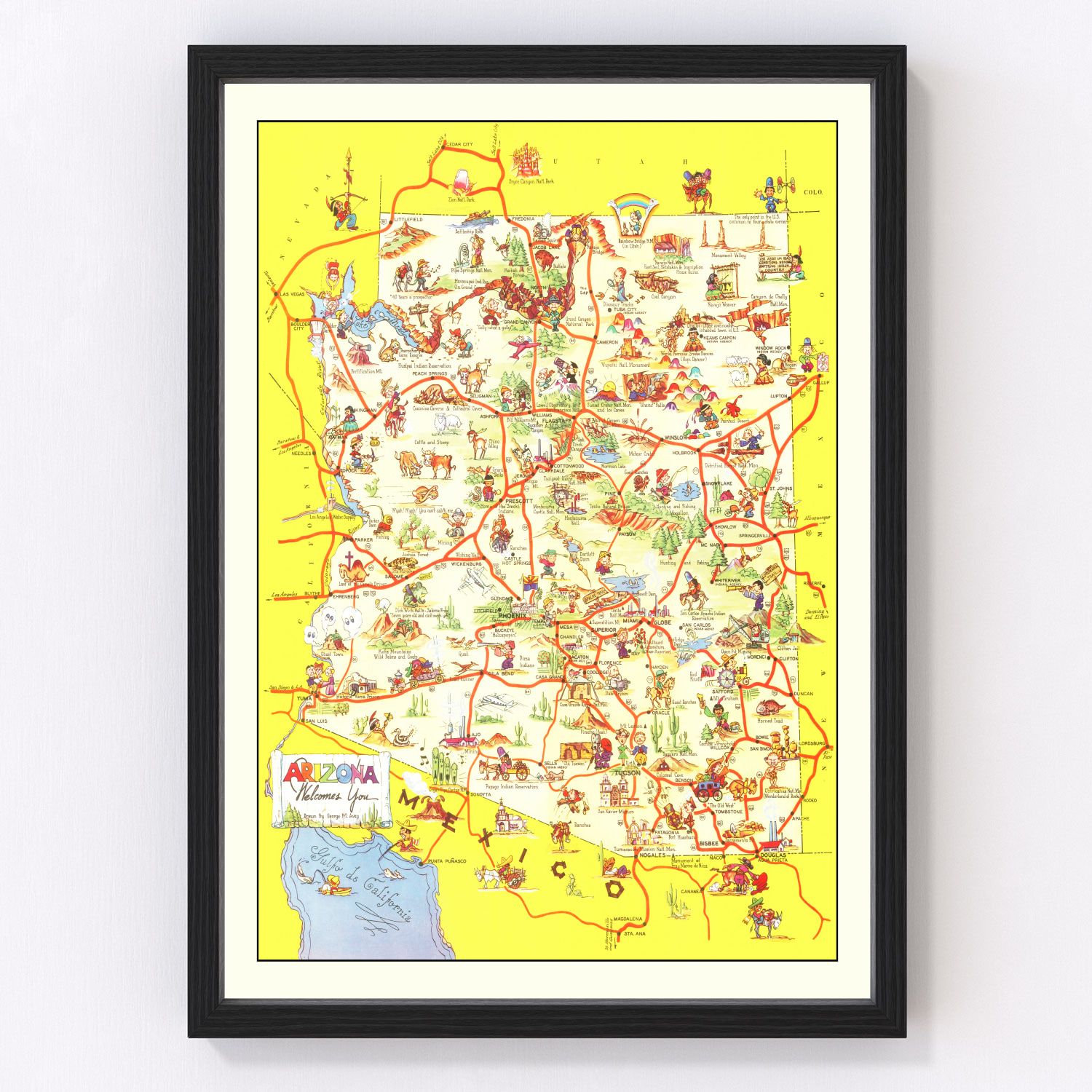 Vintage pictorial map of Arizona, 1942, mid-century illustrated map