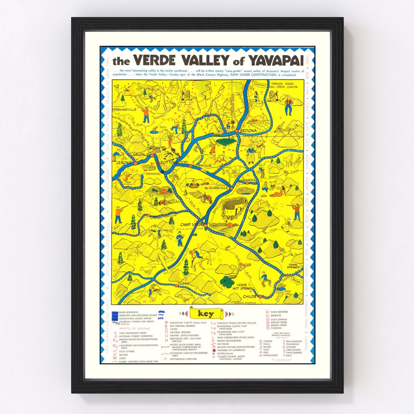 Vintage 1950 map of Verde Valley Arizona showing terrain and rivers, restored print