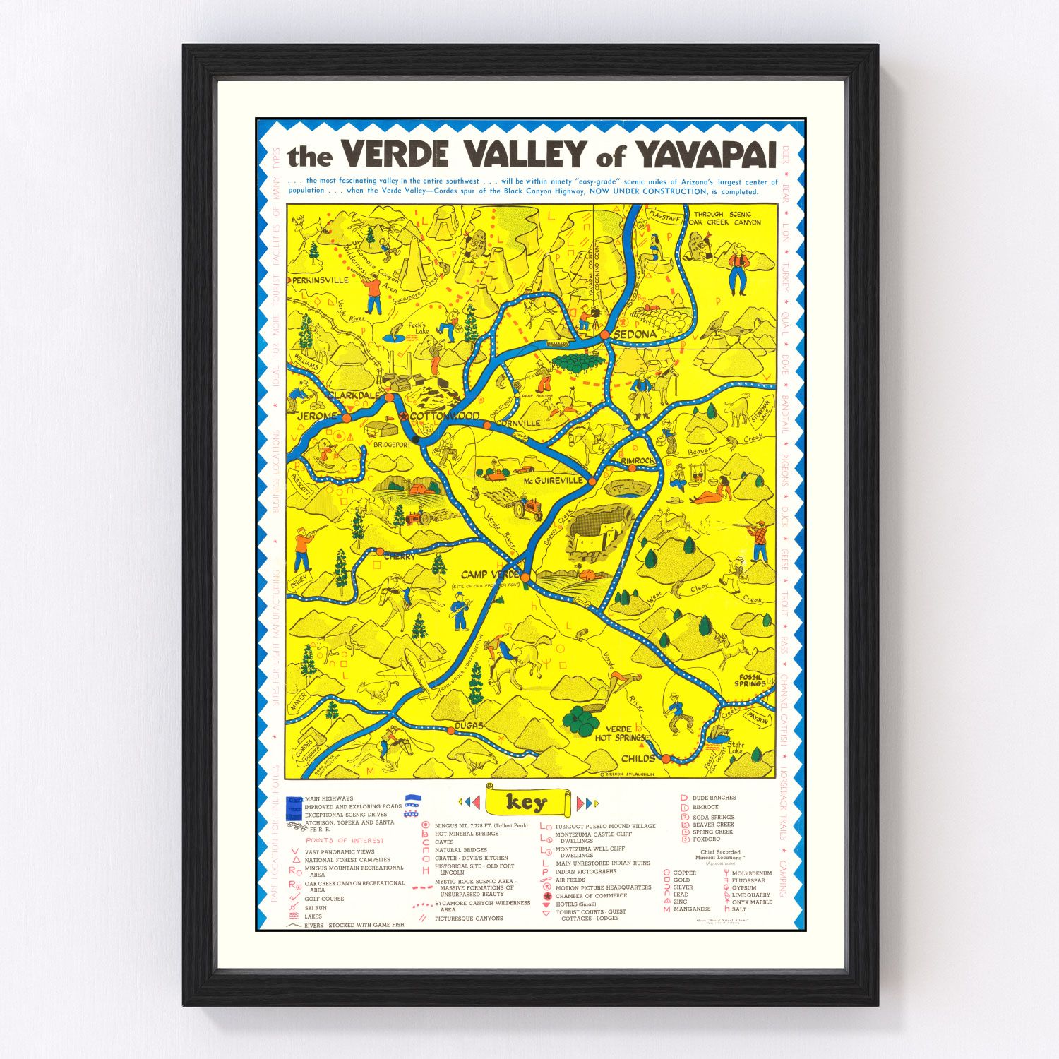 Vintage 1950 map of Verde Valley Arizona showing terrain and rivers, restored print