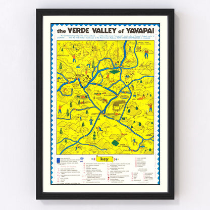 Vintage 1950 map of Verde Valley Arizona showing terrain and rivers, restored print