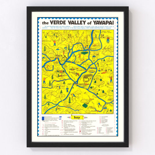 Vintage 1950 map of Verde Valley Arizona showing terrain and rivers, restored print