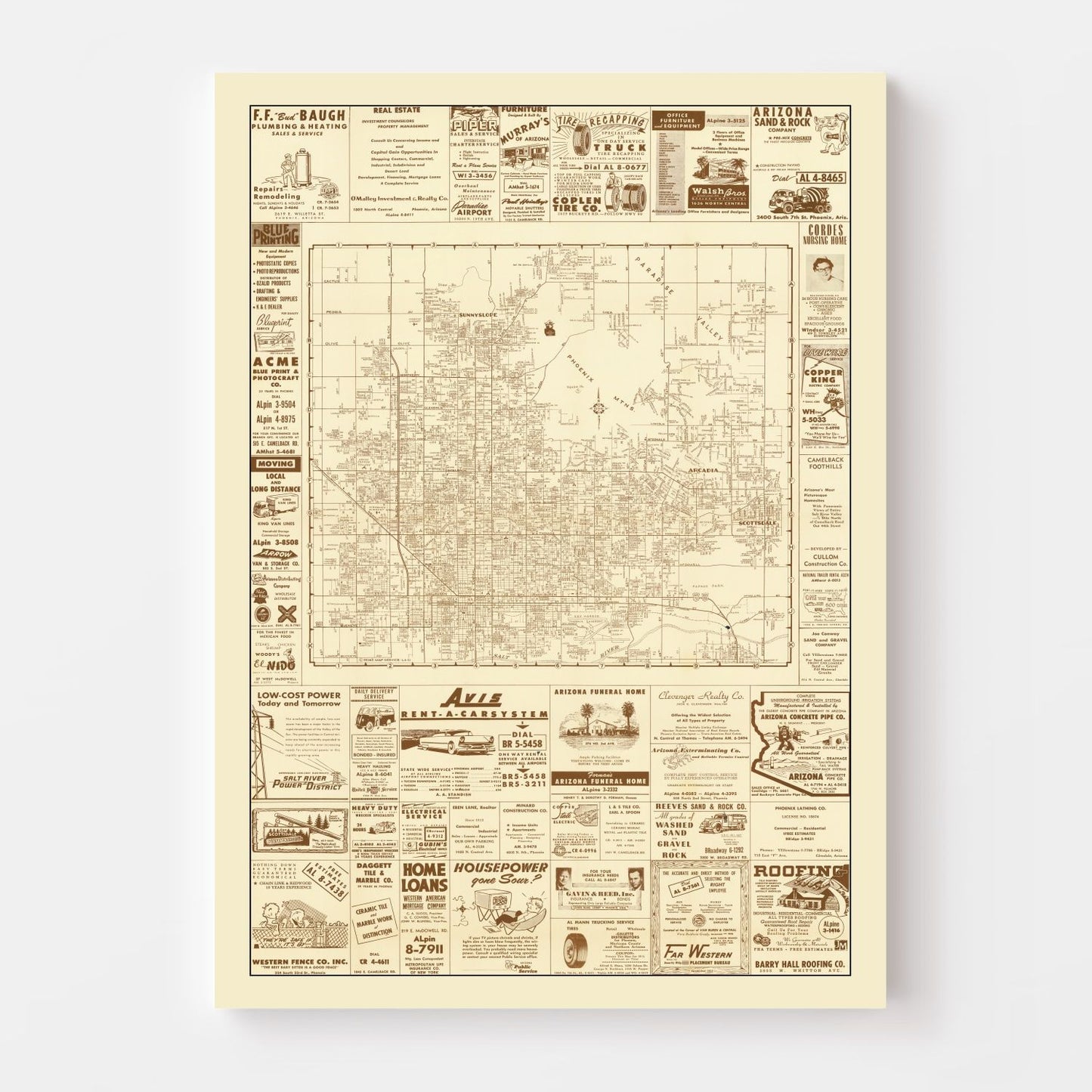 Vintage Map of Phoenix, Arizona, 1956