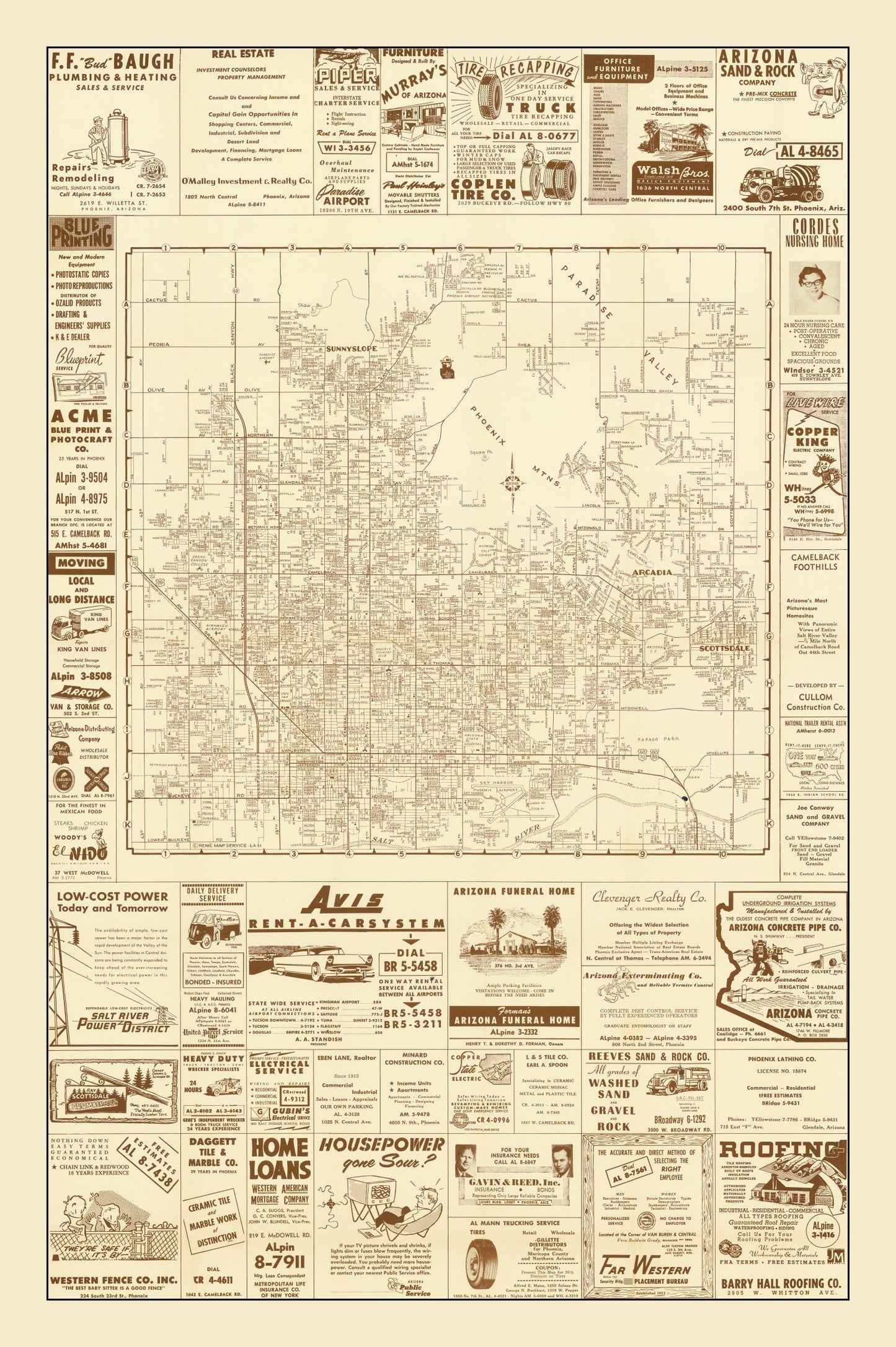 Vintage Map of Phoenix, Arizona, 1956