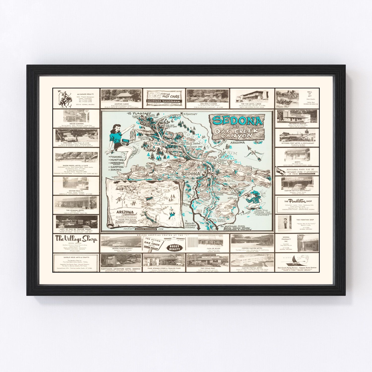 Vintage 1958 map of Sedona Arizona showing Red Rock country and terrain, restored print