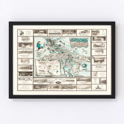 Vintage 1958 map of Sedona Arizona showing Red Rock country and terrain, restored print