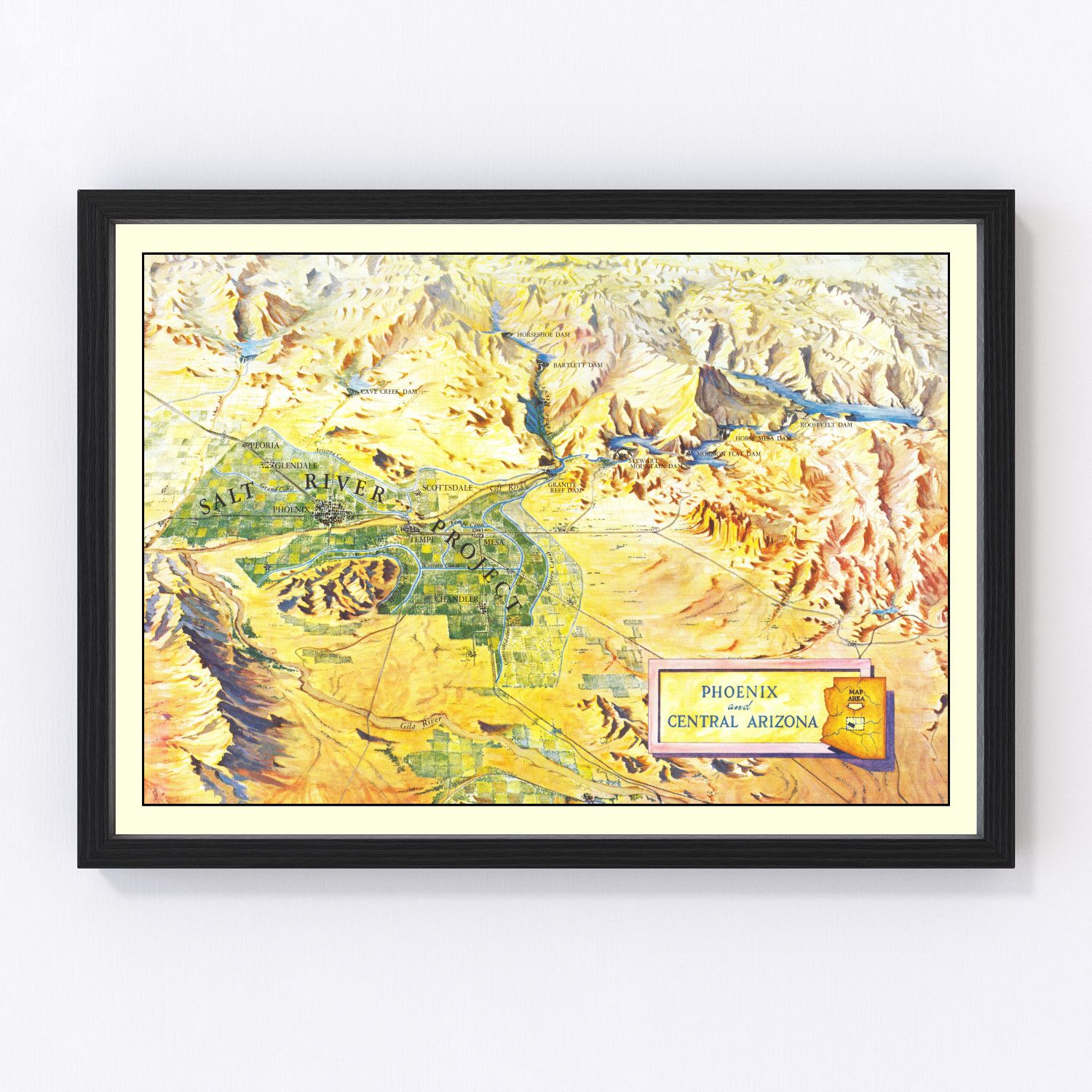 vintage map of Phoenix and Central Arizona, 1960