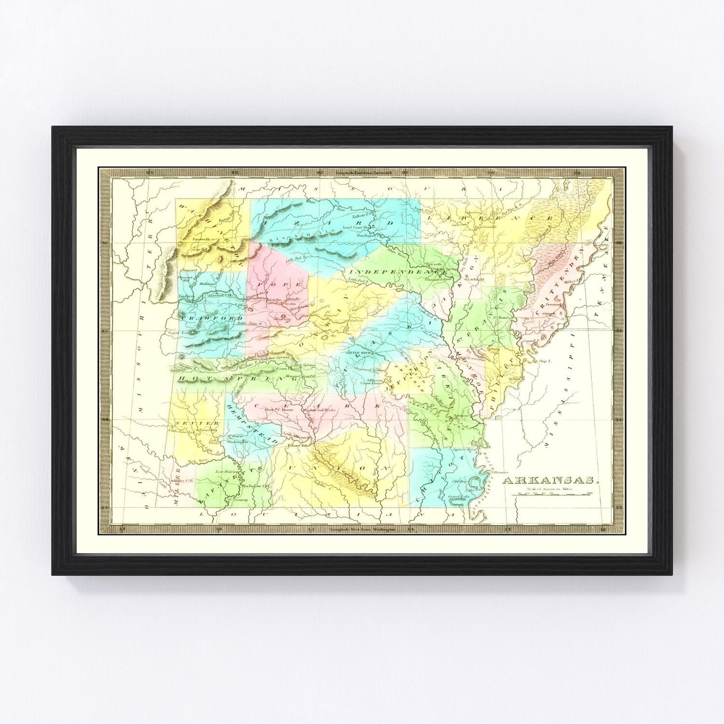 vintage map of Arkansas, 1836, Tanner edition, first year of statehood