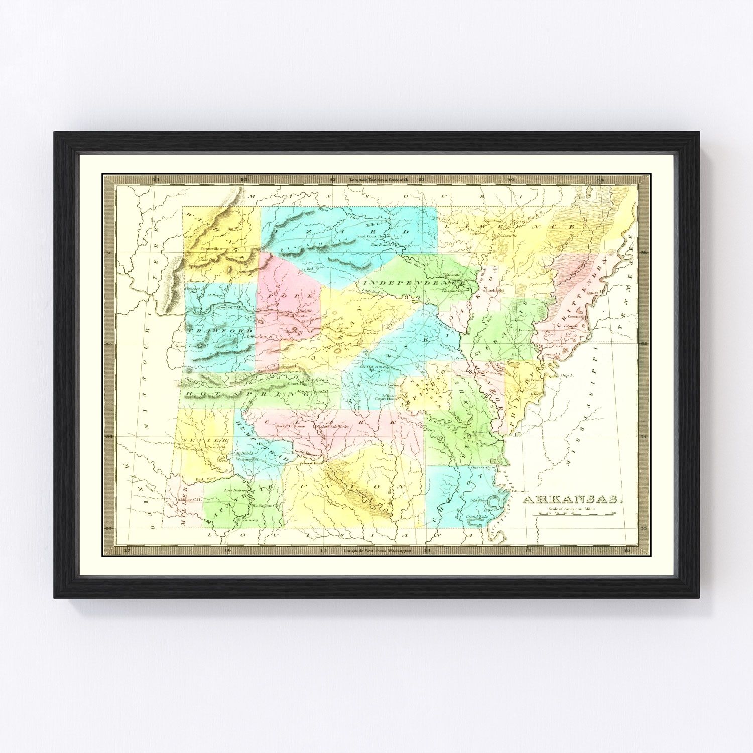 vintage map of Arkansas, 1836, Tanner edition, first year of statehood