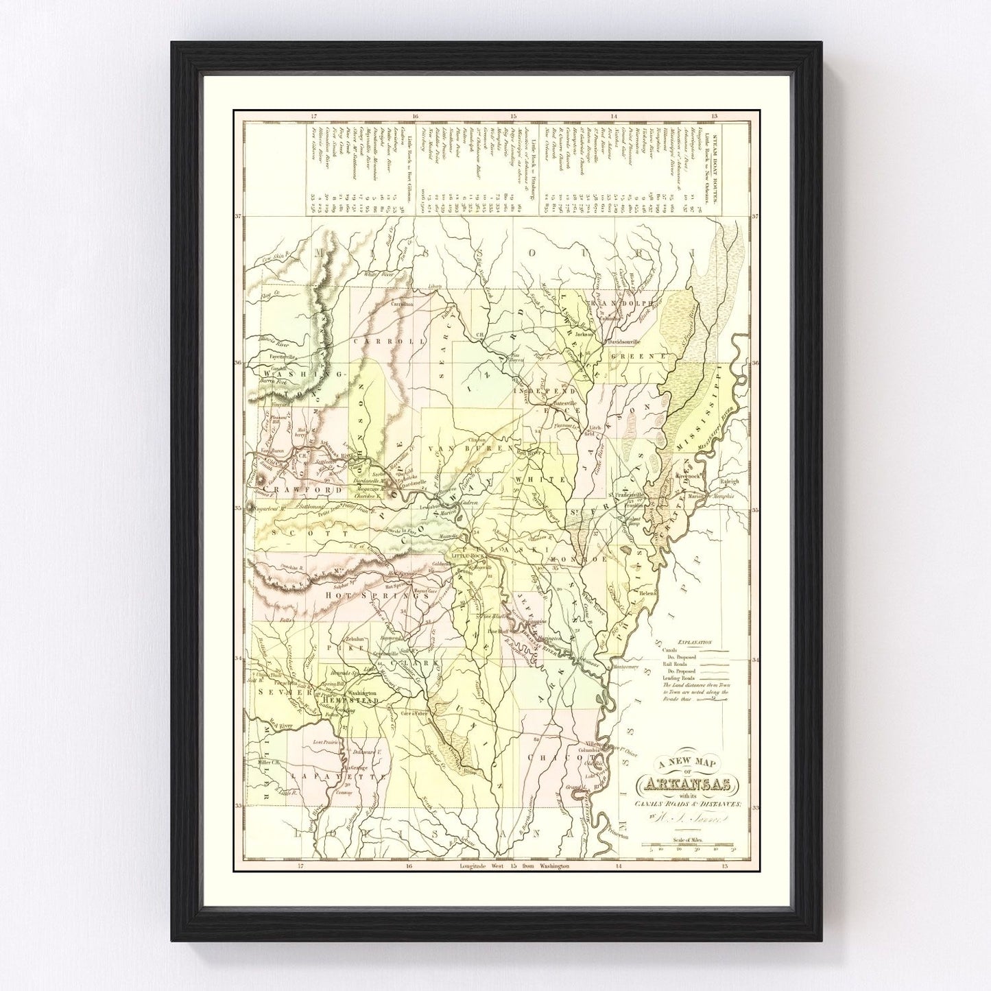 vintage map of Arkansas, 1836, Mitchell edition, early statehood