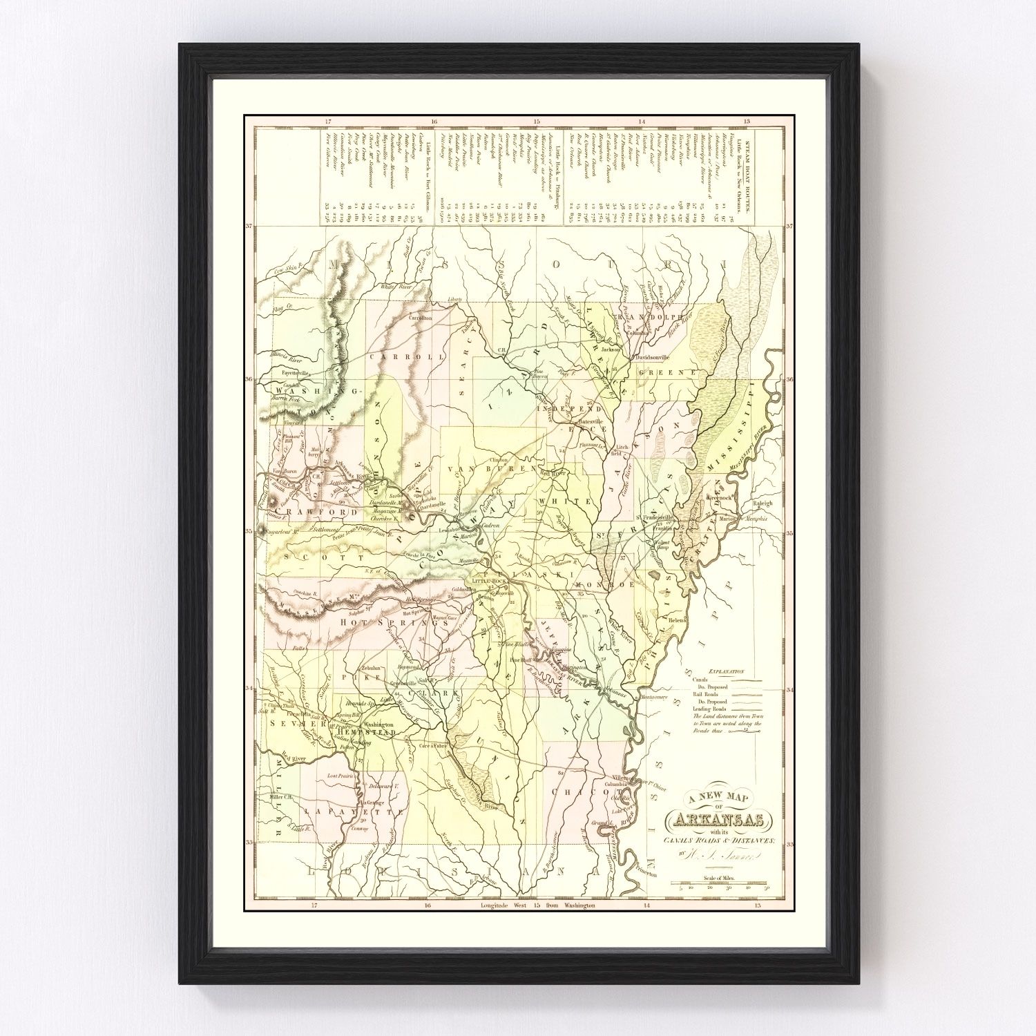 vintage map of Arkansas, 1836, Mitchell edition, early statehood