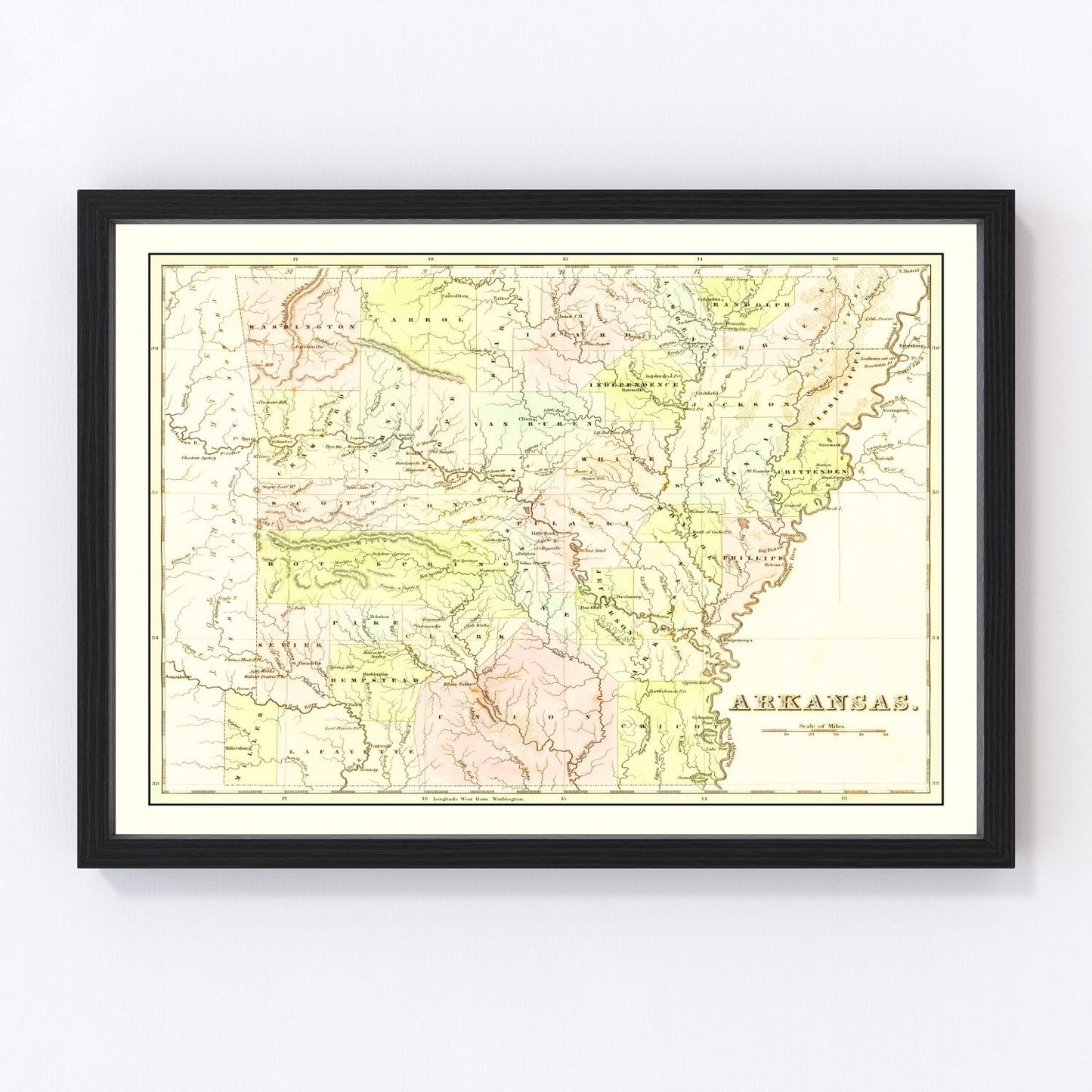 vintage map of Arkansas, 1838, two years after statehood