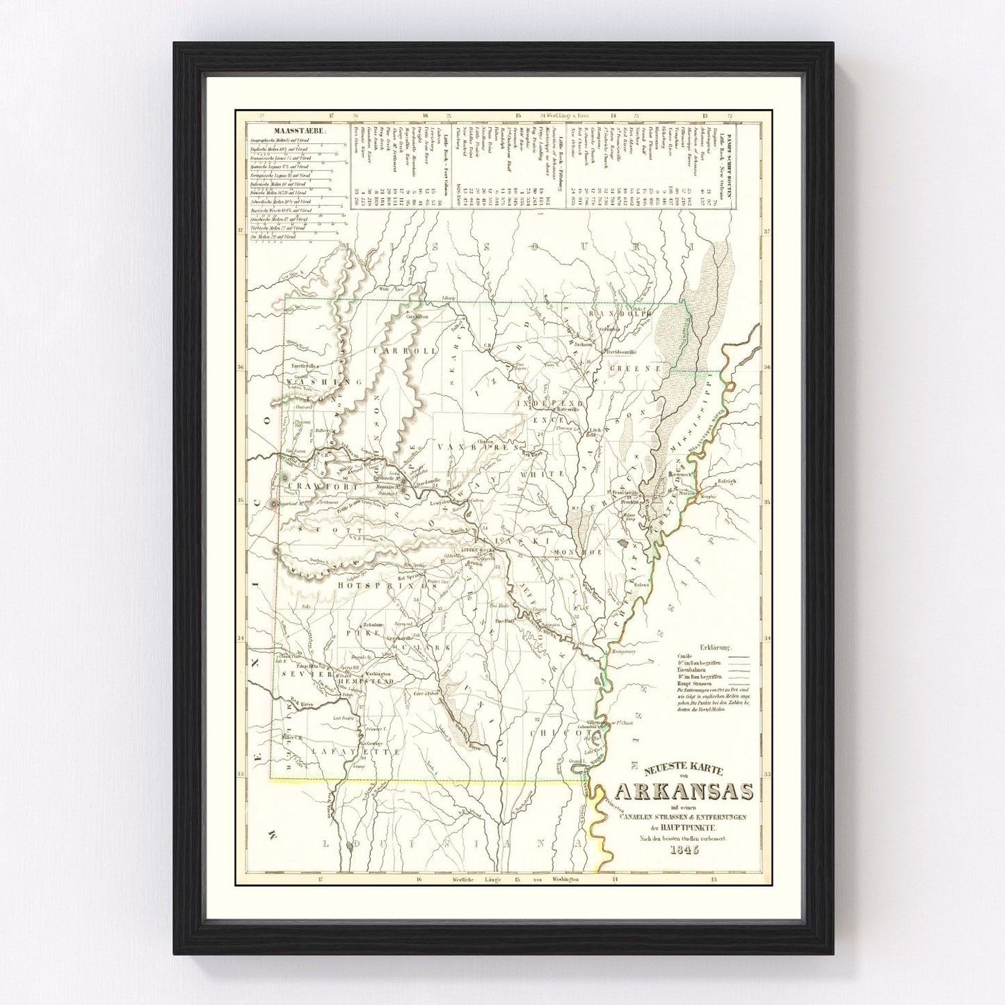 vintage map of Arkansas, 1845, before railroads