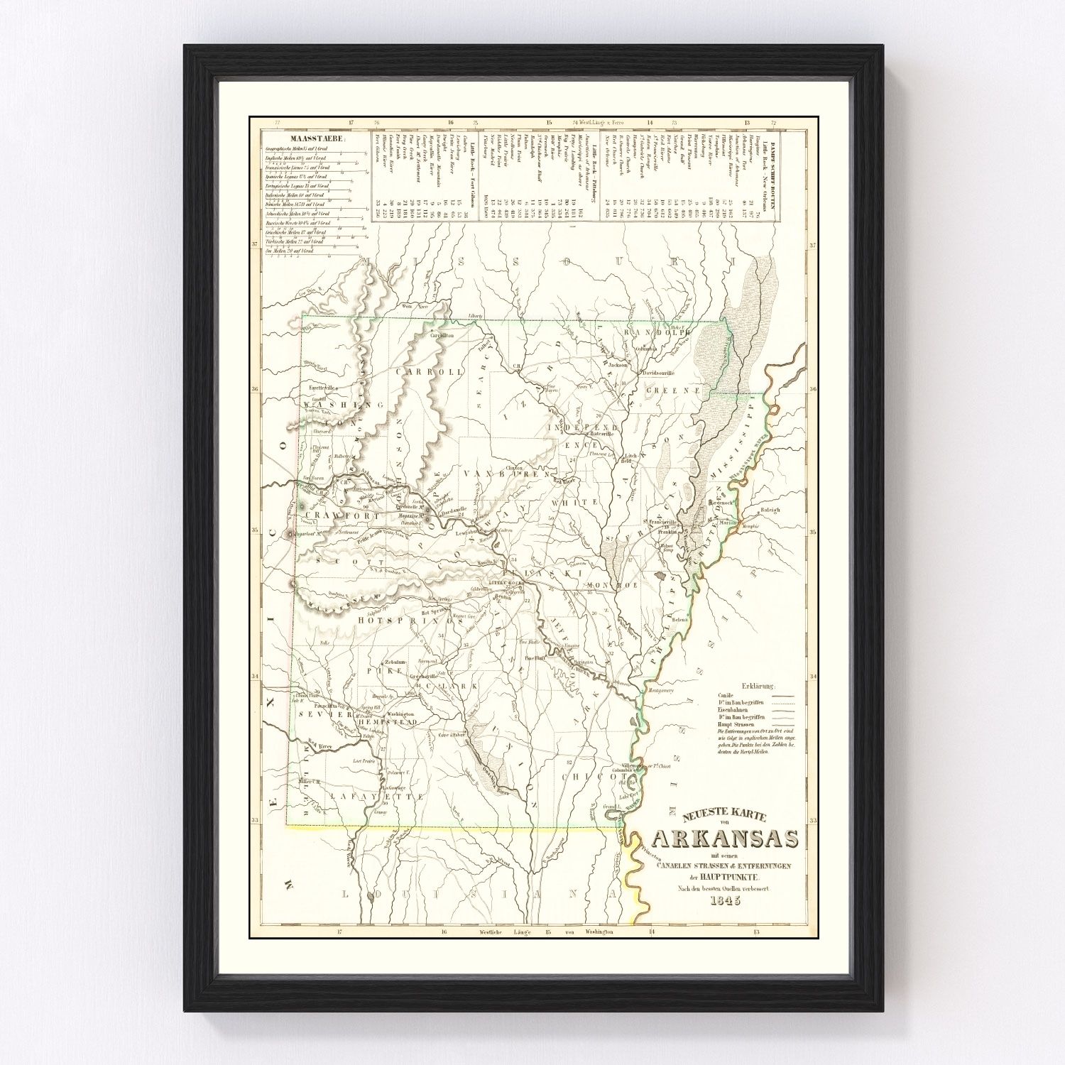vintage map of Arkansas, 1845, before railroads