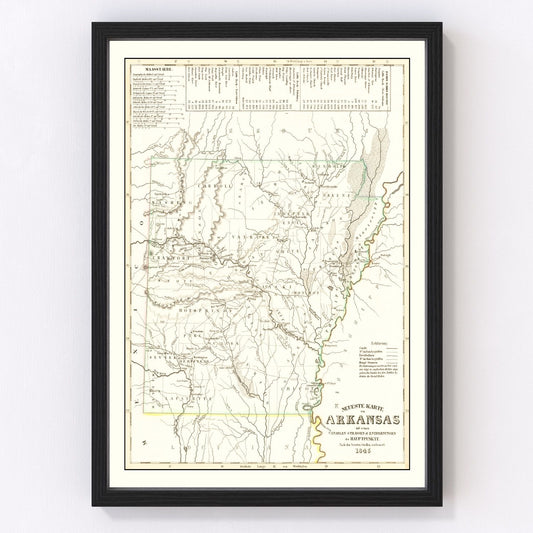 vintage map of Arkansas, 1845, before railroads