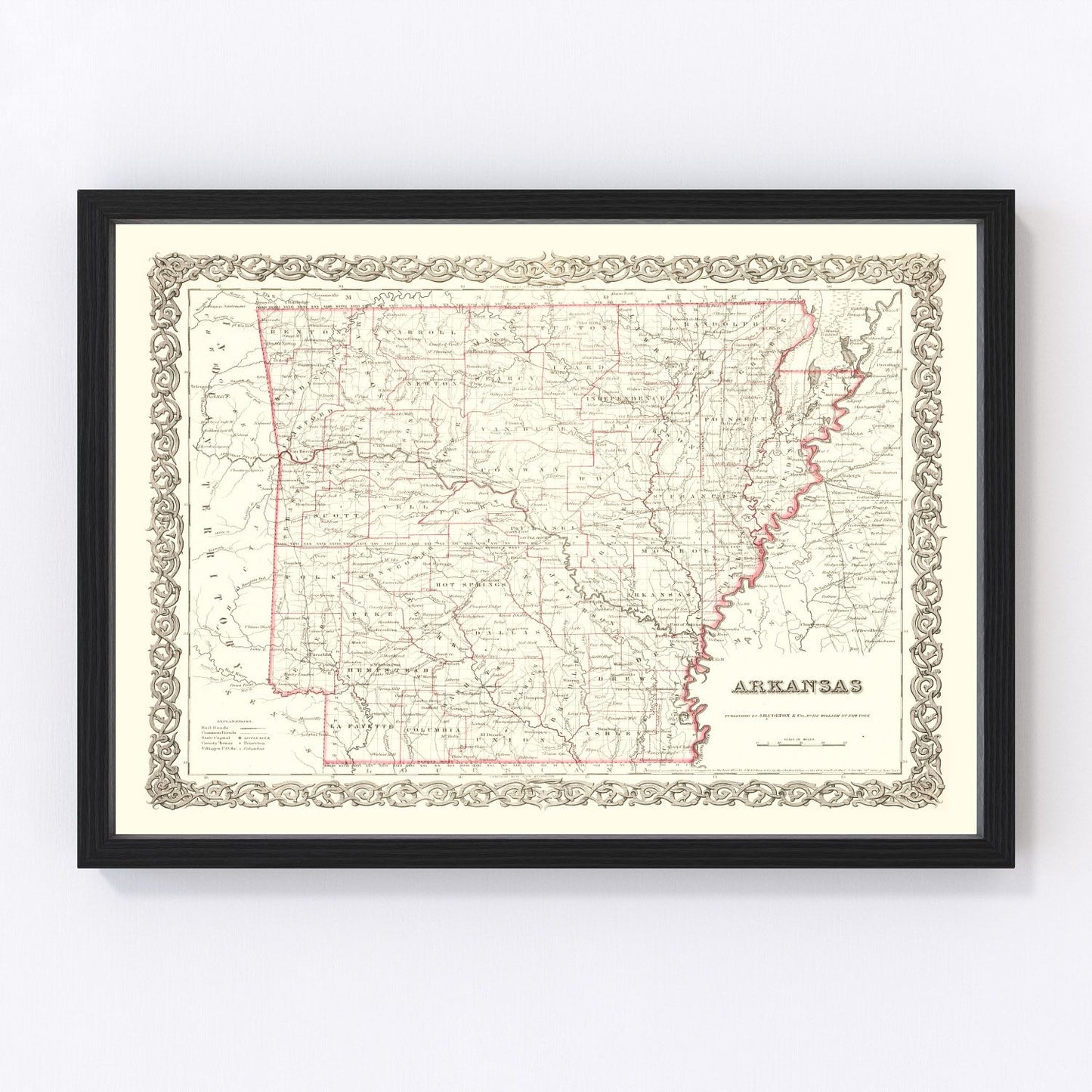 vintage map of Arkansas, 1855, early railroad era