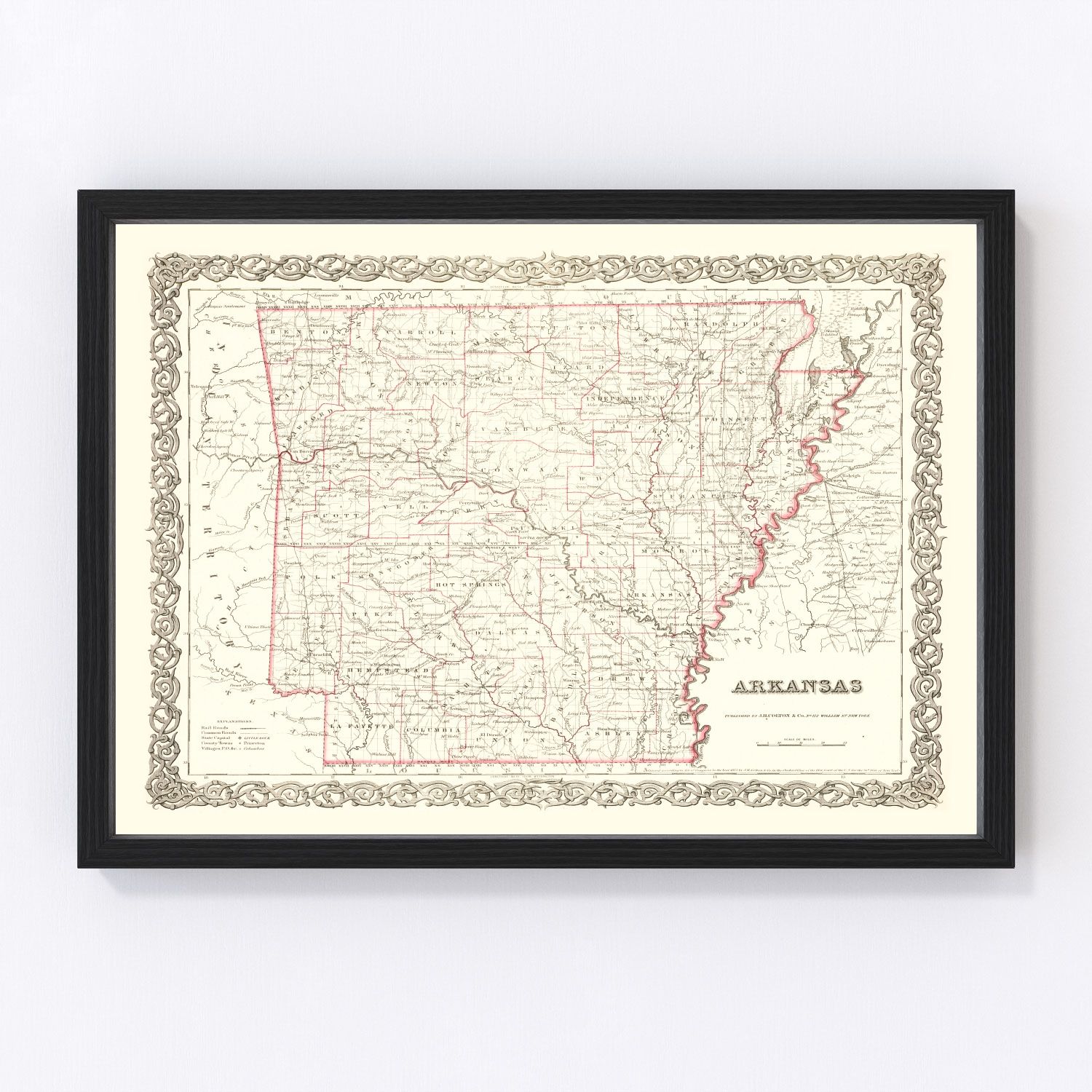 vintage map of Arkansas, 1855, early railroad era