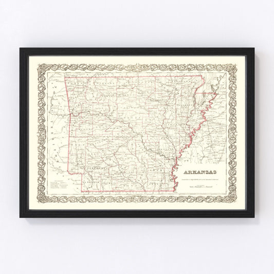 vintage map of Arkansas, 1855, early railroad era